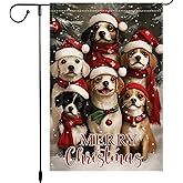 Christmas Garden Flag 12x18 Inch Double Sided Burlap Yard Decoration with Cute Dogs in Santa Hats Winter Snow Scene for Outdoor Holiday Seasonal Decor