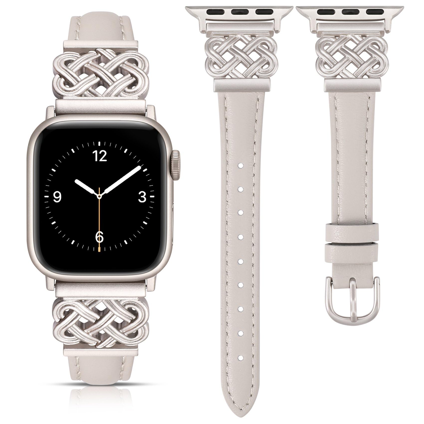 TOYOUTHS Leather Strap Compatible with Apple Watch Straps 38mm 40mm 41mm 42mm Women, Slim Thin Leather Strap with Dressy Interlock Buckle for iWatch 11 10 9 8 7 6 5 4 SE 3 2 1, Starlight/Starlight