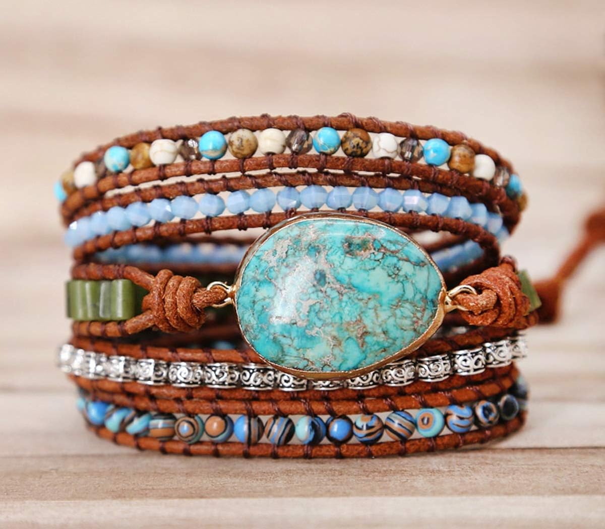 Starto 5 Wrap Bracelet Handmade Natural Stone Jasper Druzy Leather Boho Bracelets Jewelry (Green Opal): Clothing