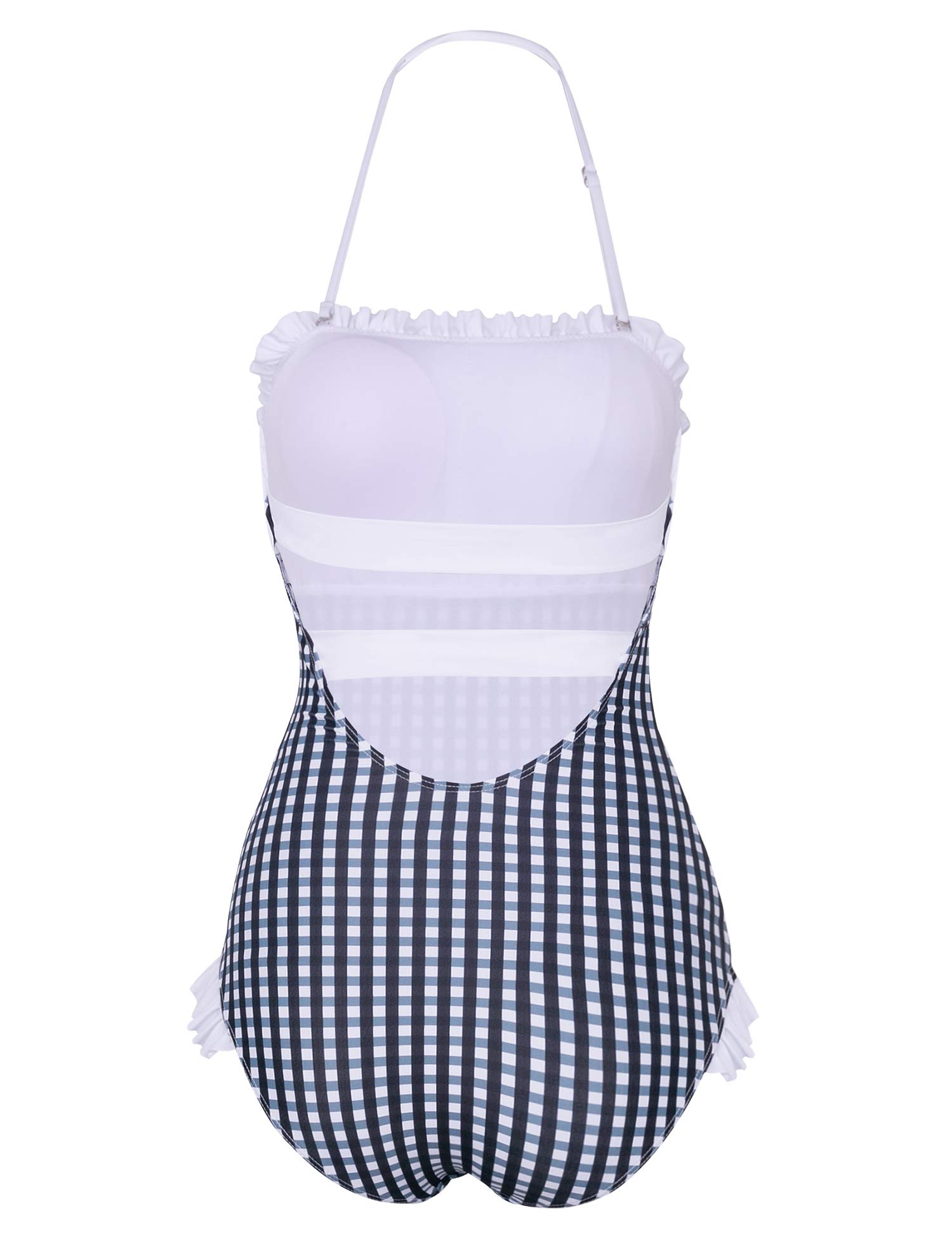 Verano Playa Women Retro Bandeau One Piece Swimsuit Push Up Ruched Monokini Ruffled Spaghetti Strap Halter Bathing Suit Black