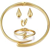 JEWELON 4 Pcs Statement Jewelry Set for Women – 18K Gold Plated Teardrop Necklace, Gold Drop Earrings, Bold Rings & Cuff Bracelets, Elegant Jewelry Gifts for Women