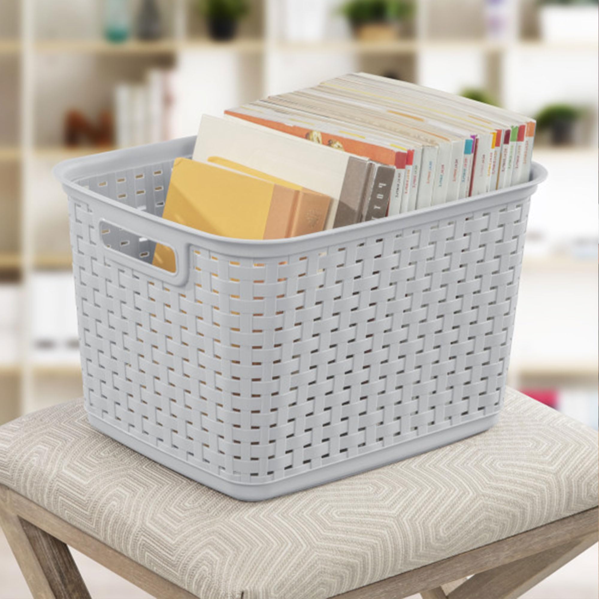 Sterilite 6-Pack Tall Weave Basket, Wicker-Style Plastic Open Storage Bin, Cement Gray - Multi-Purpose Decorative Organizer for Laundry Area, Shelves, Closets, Pantries, Living Rooms or Offices
