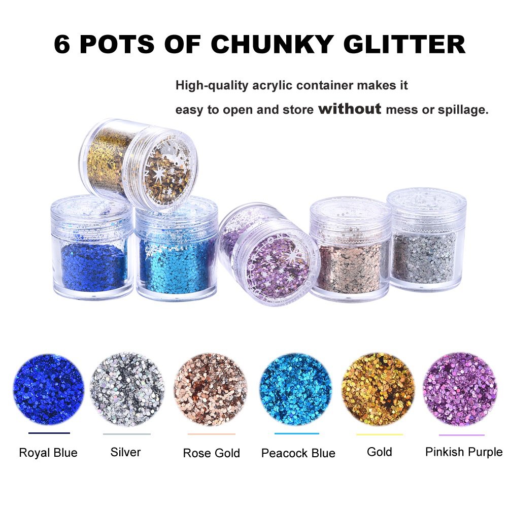 6 Colour Face Glitter - Chunky Glitter - Festival Glitter Cosmetic Face Body Cheeks Hair Nails Art Sparkling Decoration Glitter for Music Festival Wedding Party Masquerade Christmas