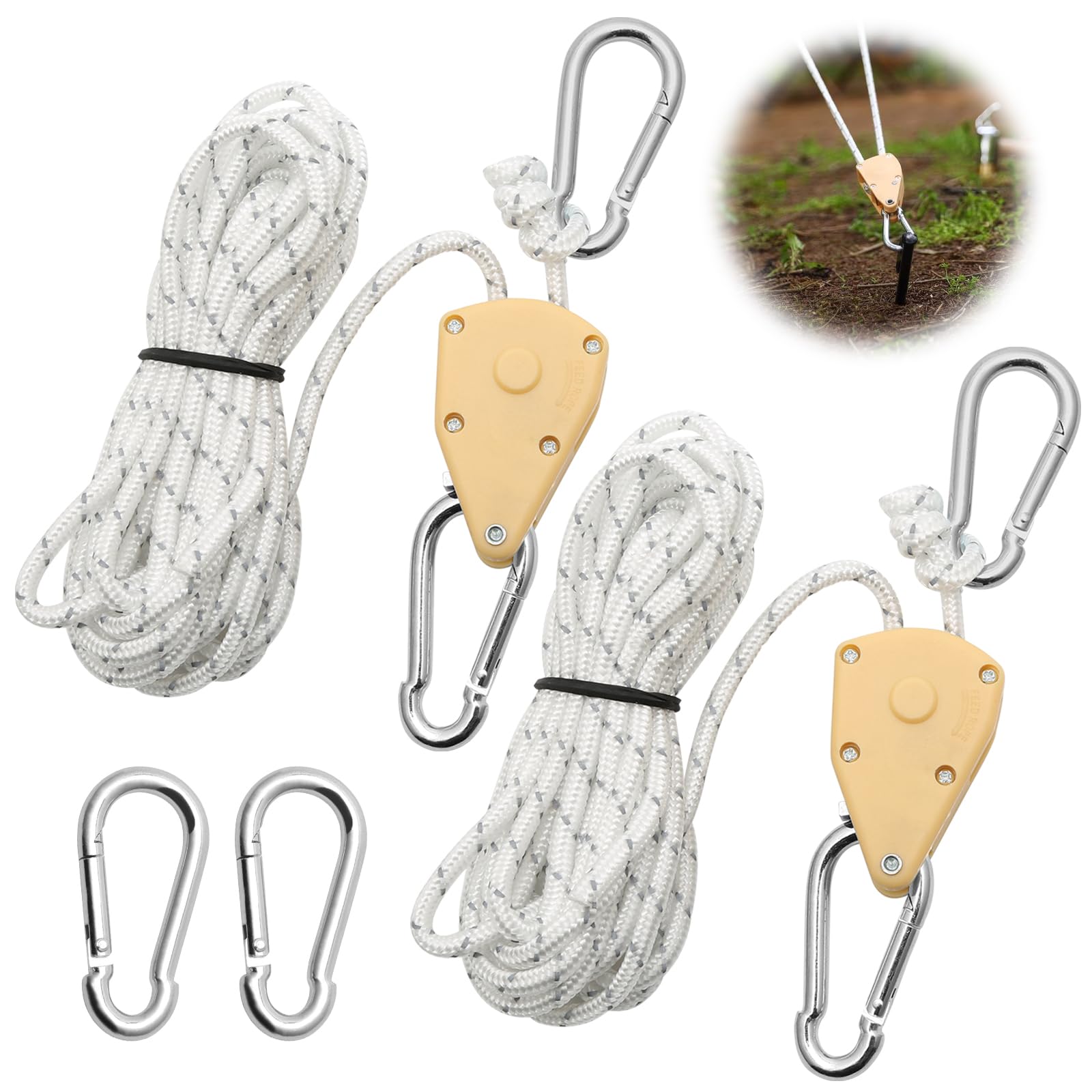 2 Pcs 4M Ratchet Ropes, Grow Lights Ratchet Hangers with 2 Replacement Snap Hooks Metal, Adjustable Heavy Duty Rope Hanger for Grow Room Equipment and Outdoor Camping
