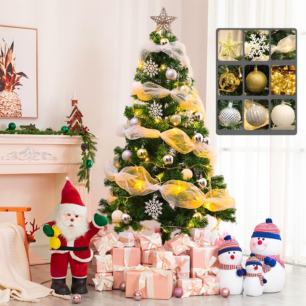 Trees - 5ft Premium Artificial Christmas Pine Tree for Home, Office, Party Decoration w/ 400 Branch Tips and Stand, 100 White Lights, Christmas Balls Set,Ribbon Decor