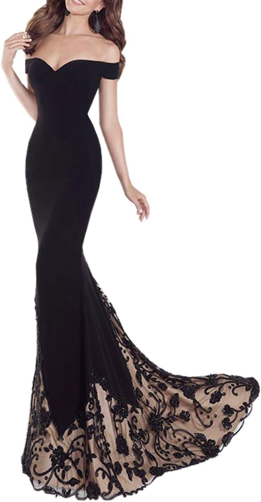 Queen Diana Women's Off Shoulder Maxi Long Evening Prom Dress Embroidered Mermaid Formal Party Cocktail Gowns (DF2-Black, S)