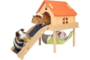BESNEW 3 in 1 Enlarged Guinea Pig Hammock,Wooden Guinea Pig Hideout with House & Platform & Stairs Small Animal Toys for Hiding Sleeping Activities