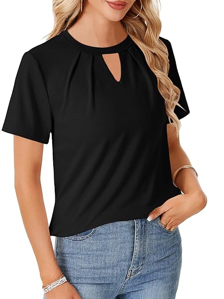 ROOSCIER WOMEN’S DRESSY CASUAL BLOUSES PLEATED KEYHOLE SHORT SLEEVE WORK SHIRTS TOPS BLACK MEDIUM
