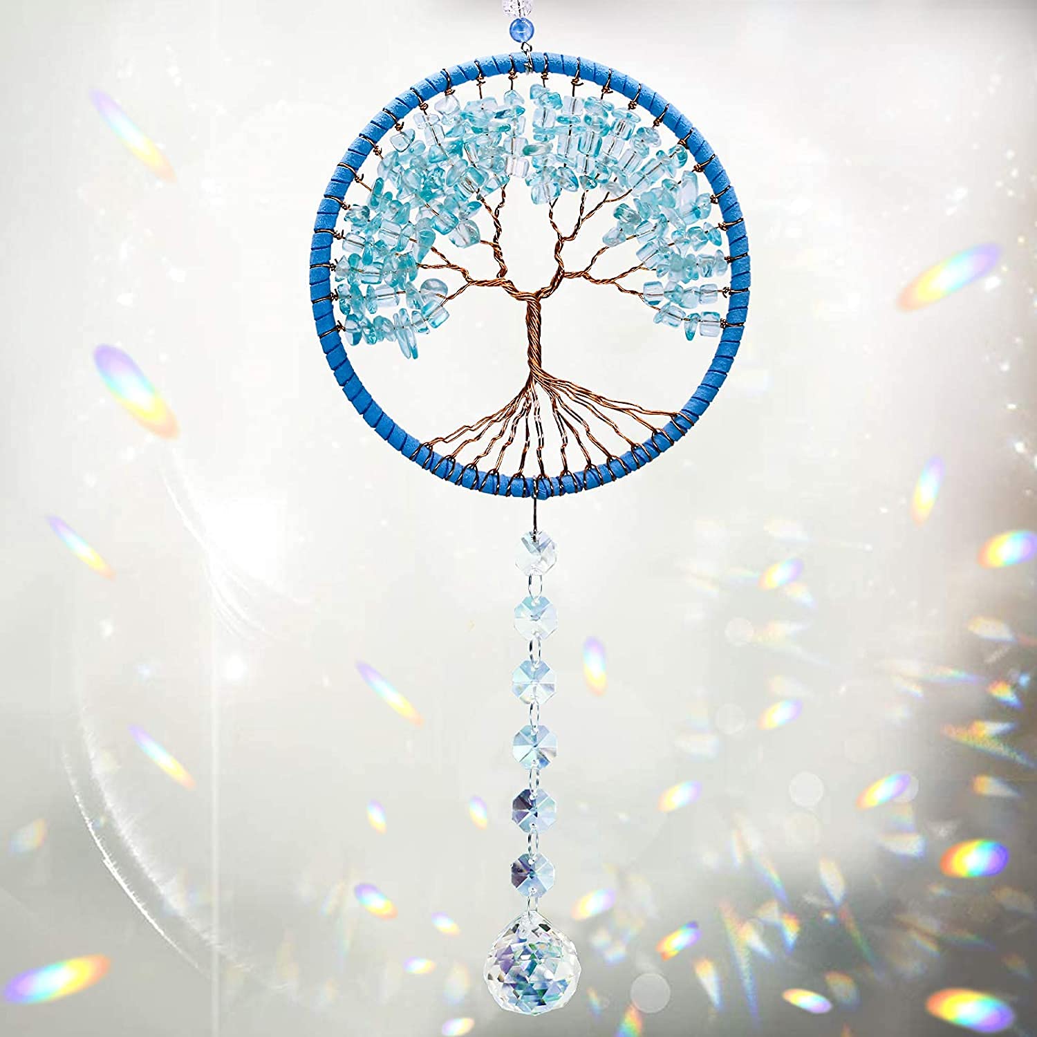 Cosylove Suncatcher Crystal Tree of Life Pendant Car Hanging Mirror Crystals Ornament Prism Rainbow Window Garden Decoration Blue