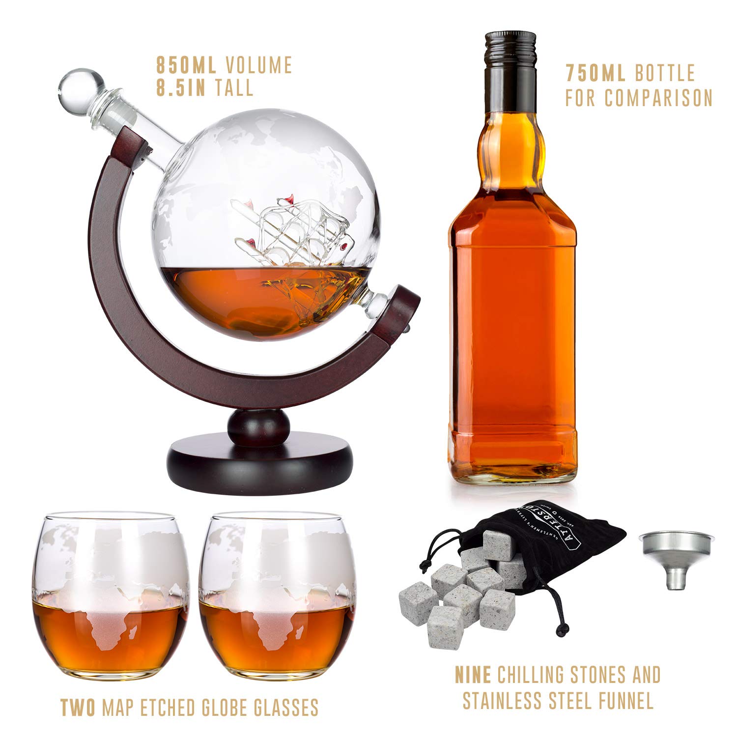 Galleon Atterstone Globe Whiskey Decanter Set, 850ml Liquor Decanter