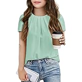 Girls Shirts Summer Short Sleeve Cute Tops Chiffon Pleated Blouses 5-14 Years