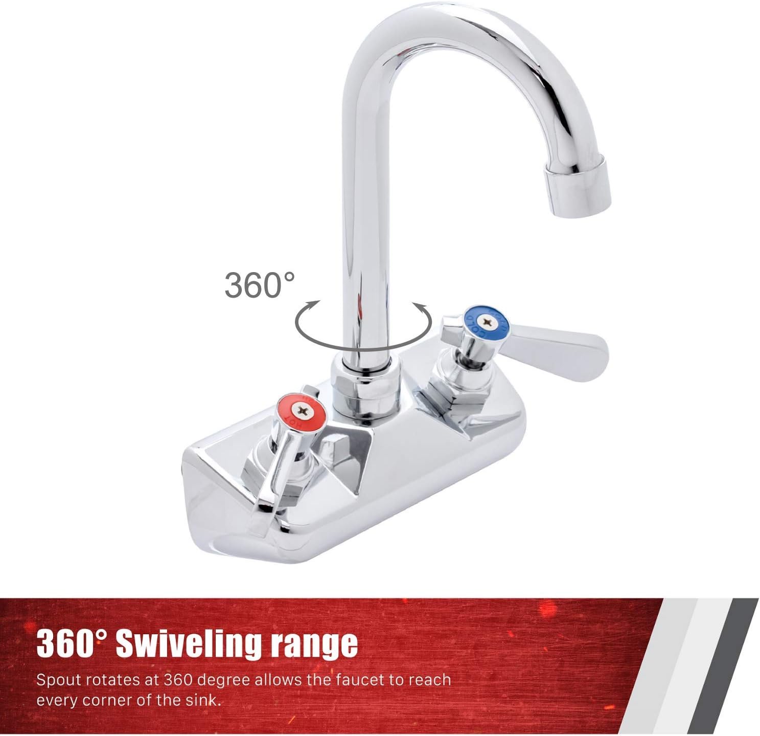 Kitchen Sink Faucet Wall Mount - DuraSteel 4" Center Commercial Kitchen Sink Faucet with 3-1/2" Gooseneck Spout - Dual Lever Handles - Brass Constructed & Chrome Polished - - 