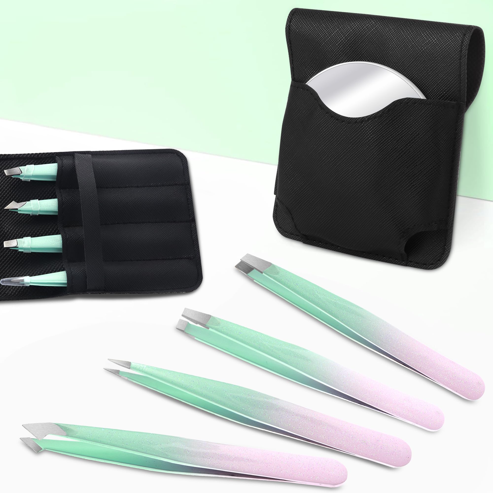 WangSelect Tweezers and 10X Magnifying Mirror Kit with Travel Leather Case, Eyebrow Tweezer Set for Women & Men, Great Precision for Facial Hair, Splinter and Ingrown Hair Removal - Starry Green