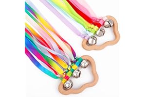 Grevosea 2 Pieces Hand Kite, Hand Ribbon Kite with Bells Cloud Wind Wand Hand Kite Ribbon Wood Sensory Educational Tool for Kids Birthday Party Gifts