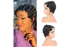 G&T Wig Black Pixie Wig Cute Nuna Wigs for Women Glueless Wear and Go Wig Finger Wave Wigs Short Curly Synthetic Heat Resistant Wigs for Daily Cosplay Party Use(2#)