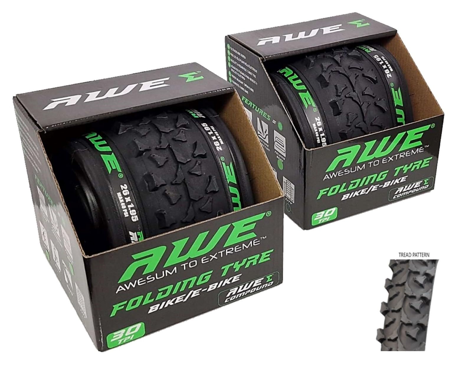 2 x AWE® AWERide Bike/E-Bike Folding Tyres 26" x 1.95 cm MTB Tyres 30 TPI