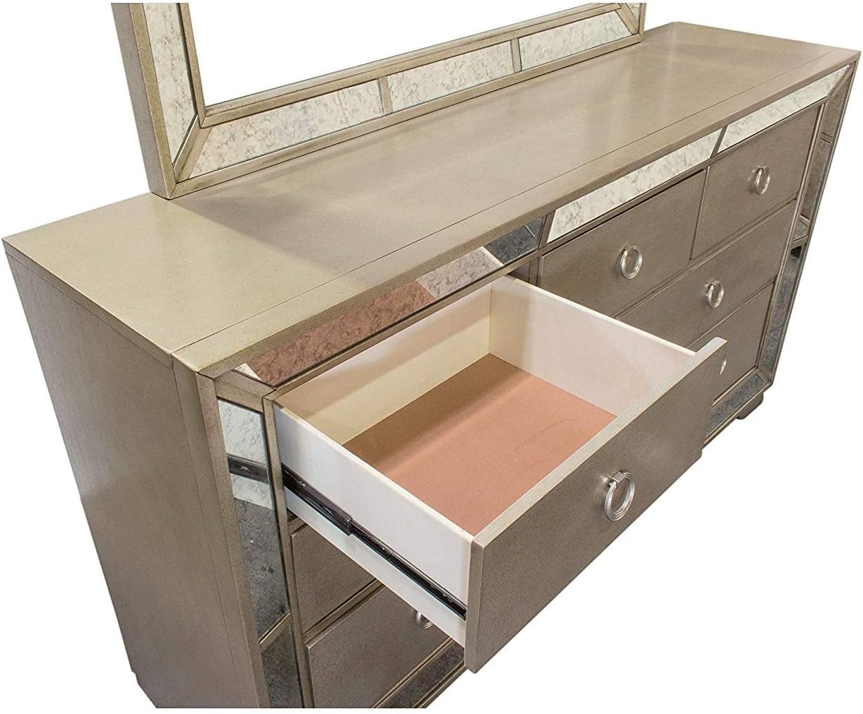 Queen Silver//Bronze Best Master Furniture Ava Mirrored 6 Pcs Bedroom Set with 5 Drawer Chest