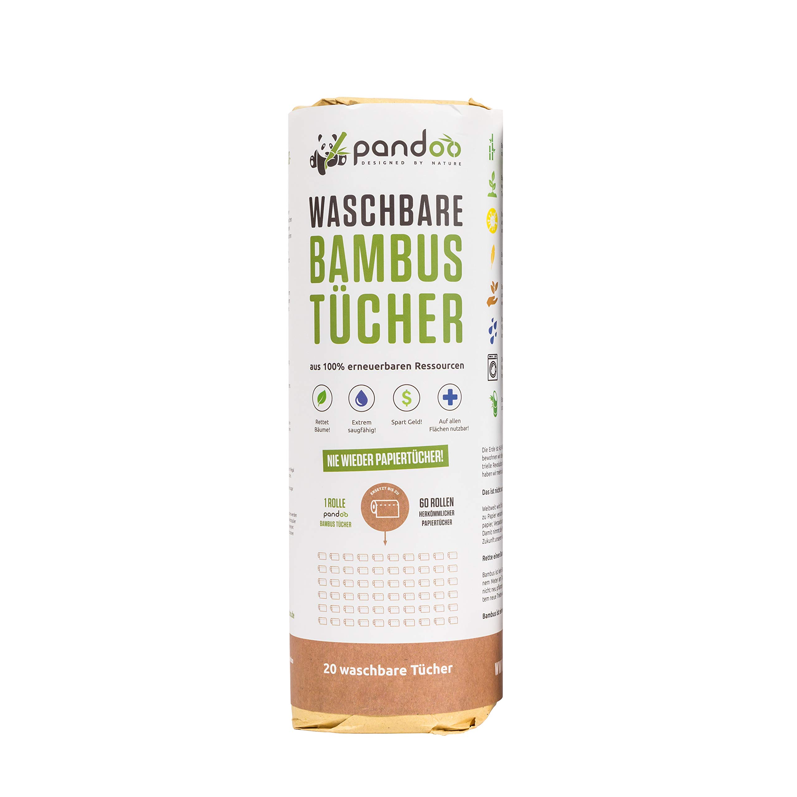 pandoo Bamboo Kitchen Roll | Washable Kitchen Towels Made Out of Bamboo fibers | Softer & More Absorbent Than Regular Paper Towels | Eco Friendly Cleaning Product | Versatile & Tear-Resistant
