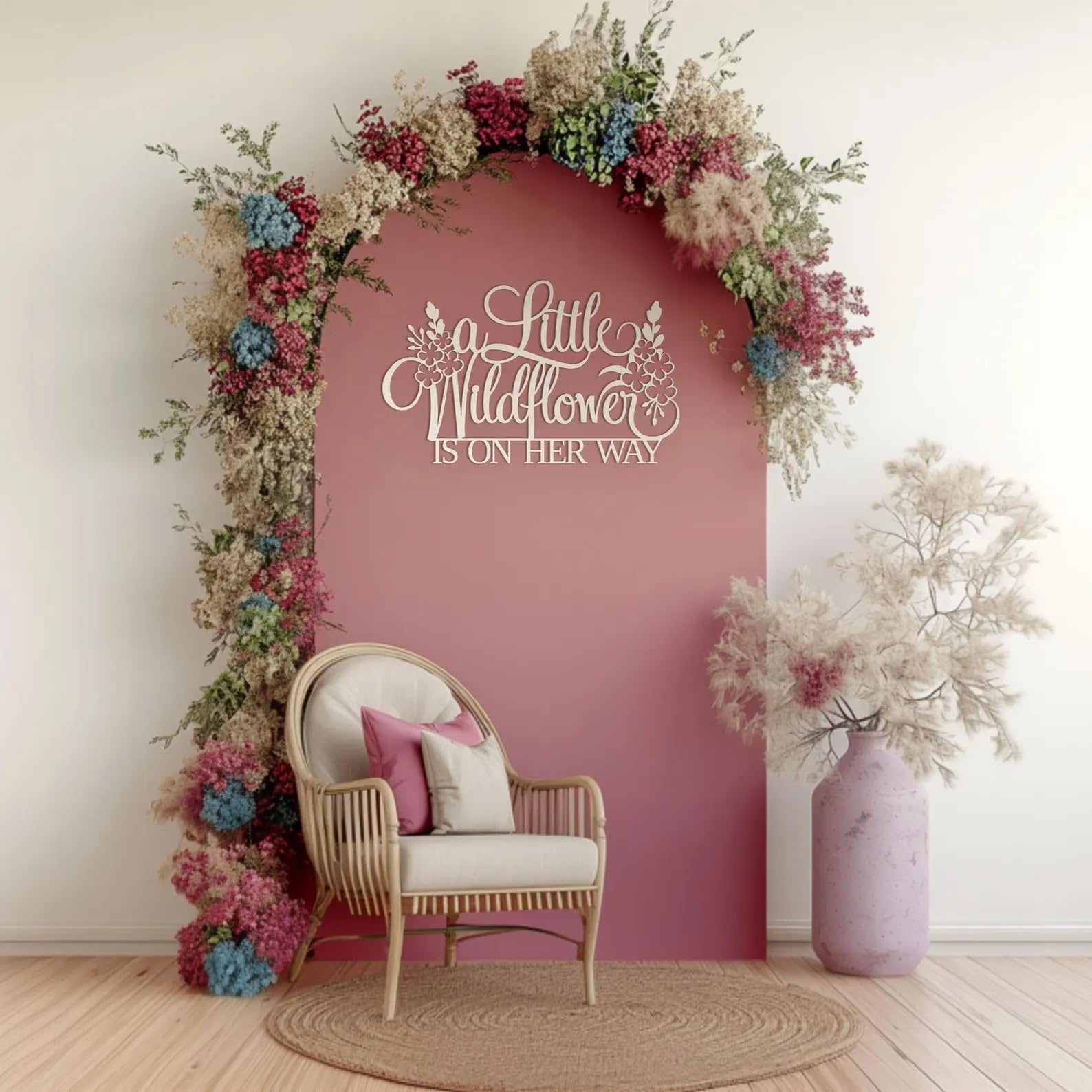 Photo 1 of A Little Wildflower is on her Way Sign for Backdrop,Baby Shower Backdrop Wall Decoration,Flowers Wall Sign for Gender Reveal Party Decorations