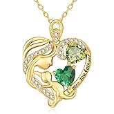 JIYVY32 14K Gold Double Birthstone Heart Necklace for Women Mom, Mother Son/Daughter Pendant Necklace for Christmas Mother's Day Birthday Gifts for Wife Daughter Grandmom