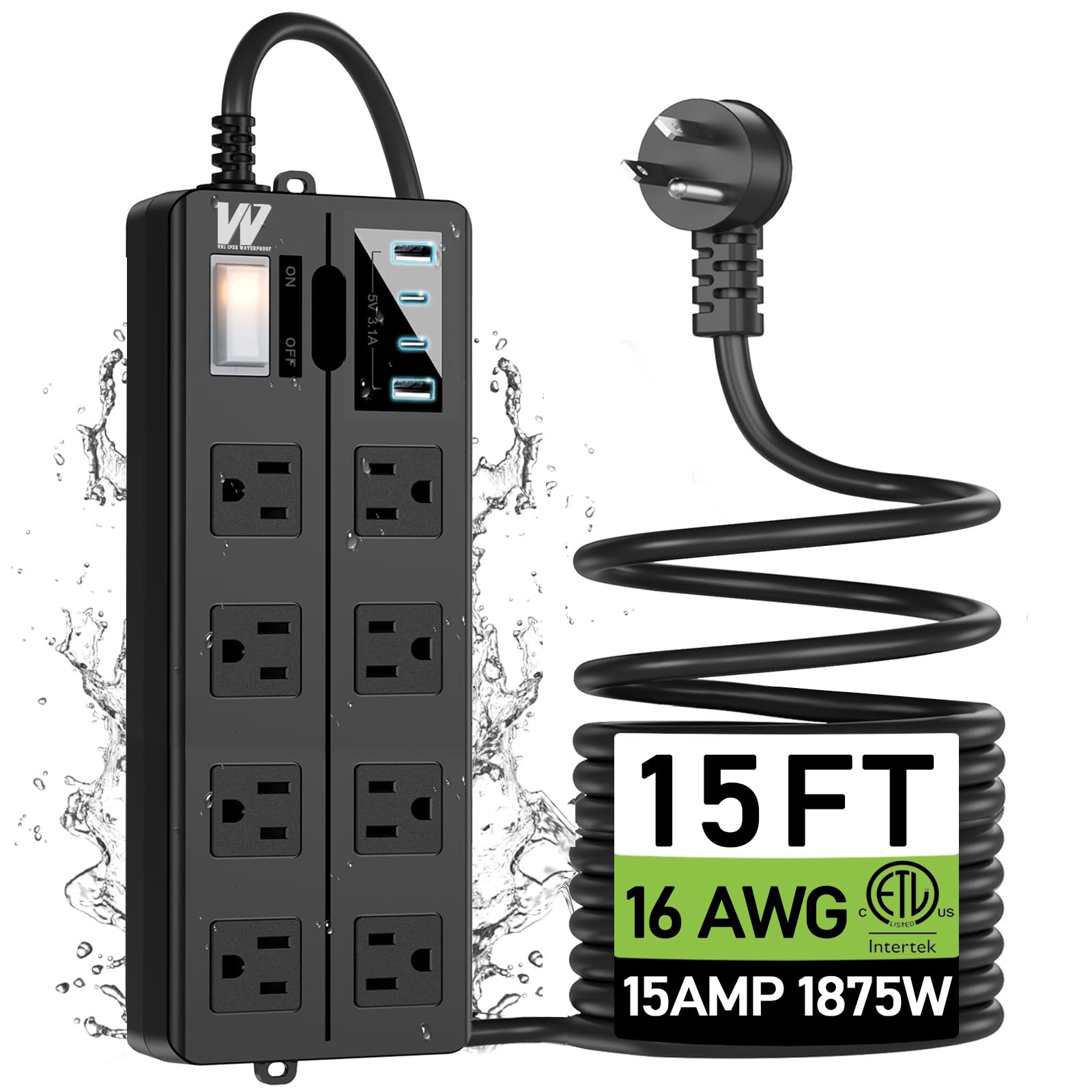 VNJ 15FT Outdoor Waterproof Power Strip Overload Protector with 8AC Outlets 4USB Ports (2A 2C) Power Switch Safety Lock, ETL Certified for Patio Garden Charging, Black