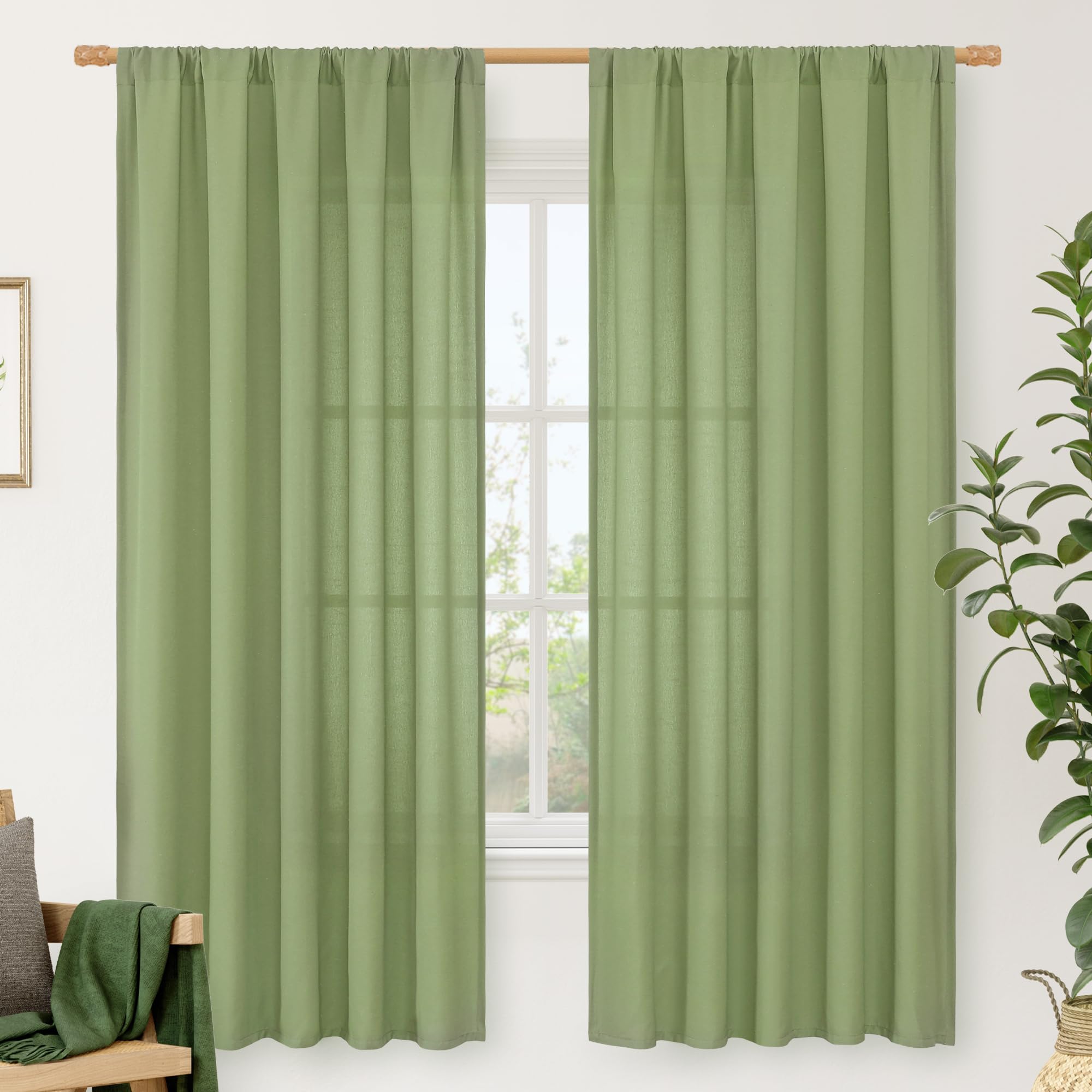 LAMIT Sage Green Linen Curtains 72 inches Long for Living Room, Soft Thick Semi Sheer Light Filtering Rod Pocket Privacy Window Treatments Drapes for Bedroom, 2 Panels Set, 52 x 72 Inch Image