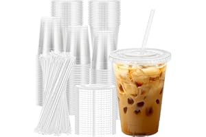 Lamosi 100 Pack 16 oz Clear Plastic Cups with Lids and Straws, Disposable Plastic Coffee Cups with Lids for Iced Coffee, Cold Beverages, Smoothies and To-Go Drinks