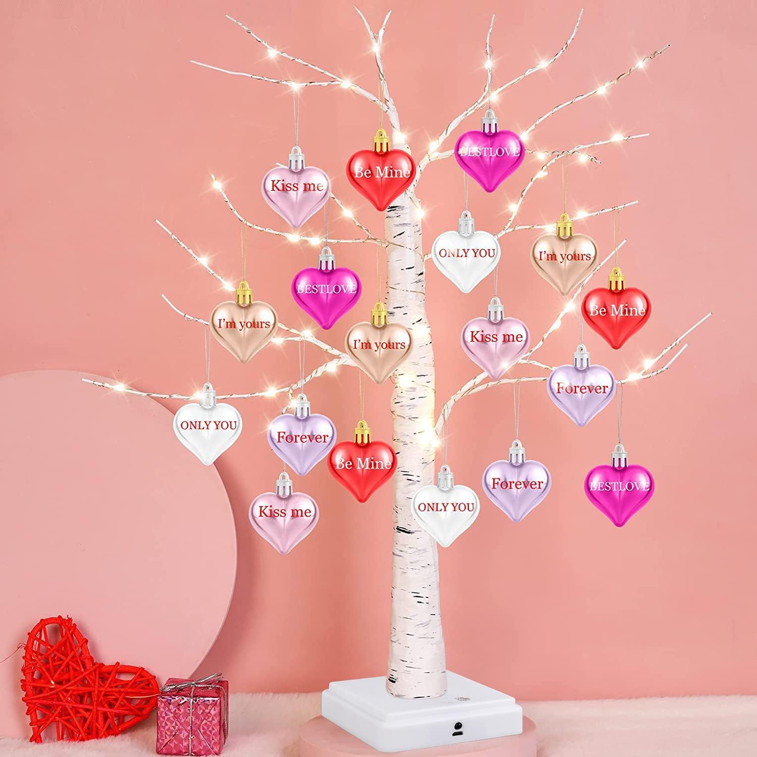 Trees - Fovths Valentine's Day Tree Decoration with LED Lights 21.7 Inch Tabletop Birch Tree with Timer Battery USB Powered with Valentine's Day Heart Ornaments for Home Valentine Wedding Decor