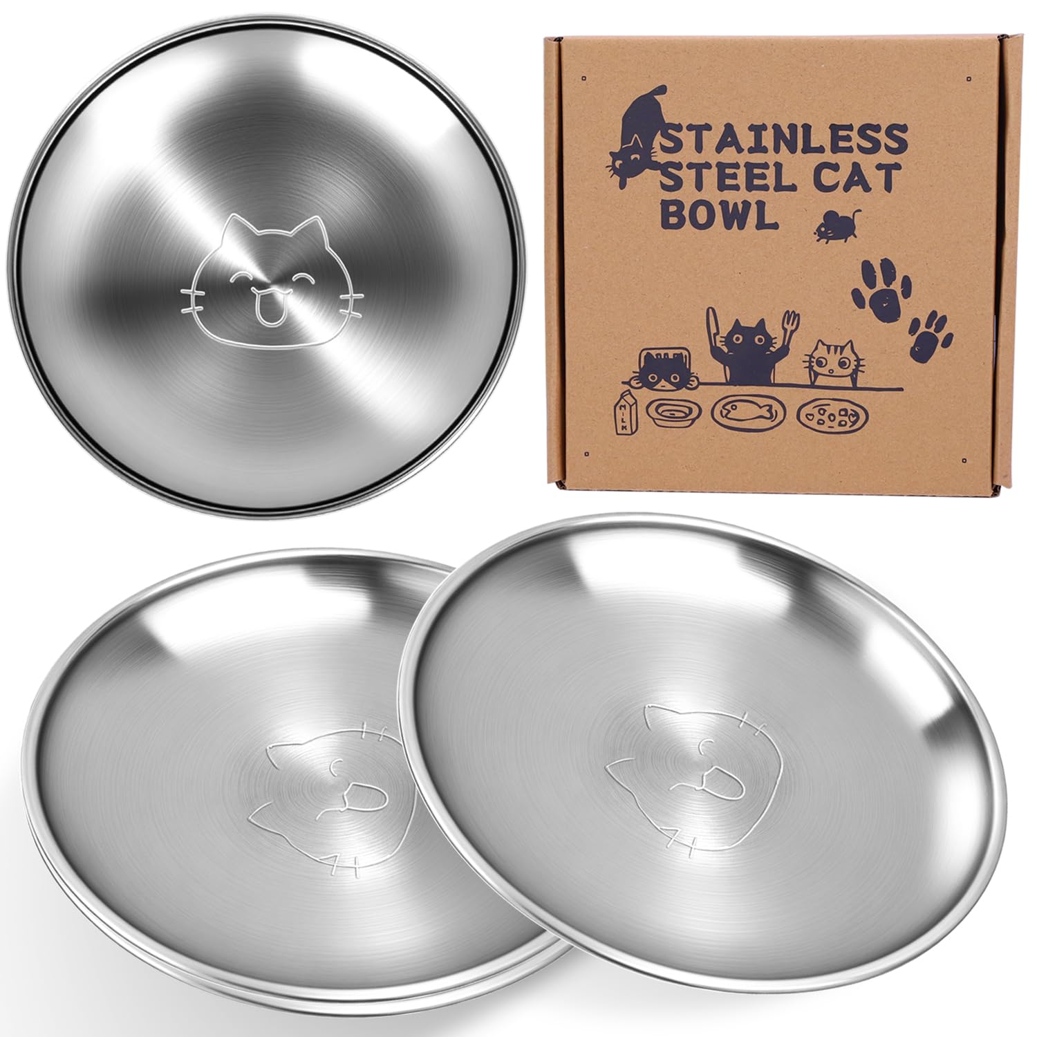 Photo 1 of Stainless Steel Cat Dishes, 6.8" Wide Whisker Friendly Cat Dishes, Shallow Metal Food Bowl for Kitten and Small Pets Reducing Whisker Fatigue 4 Pcs