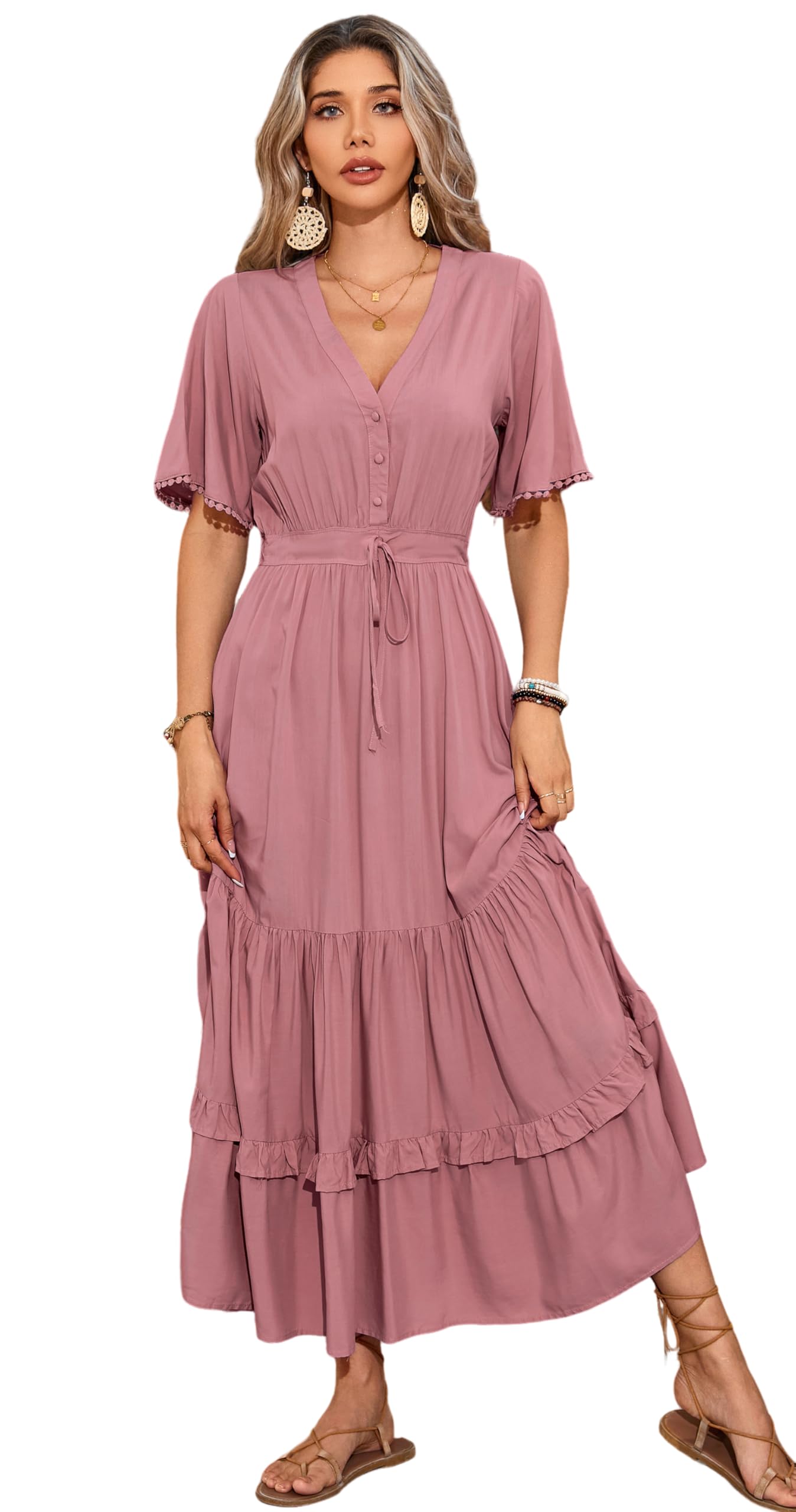Photo 1 of R.Vivimos Womens Summer Cotton Short Sleeve V Neck Floral Print Casual Bohemian Midi Dresses (Large, Mauve)