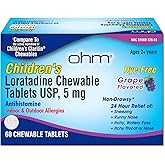 Ohm Children's Allergy Medicine, Loratadine 5mg, Chewable Tablets (60 Count) Grape Flavor, Non-Drowsy Antihistamine, 24-Hour Allergy Relief for Runny Nose, Watery Eyes, Itchy Throat & Nose