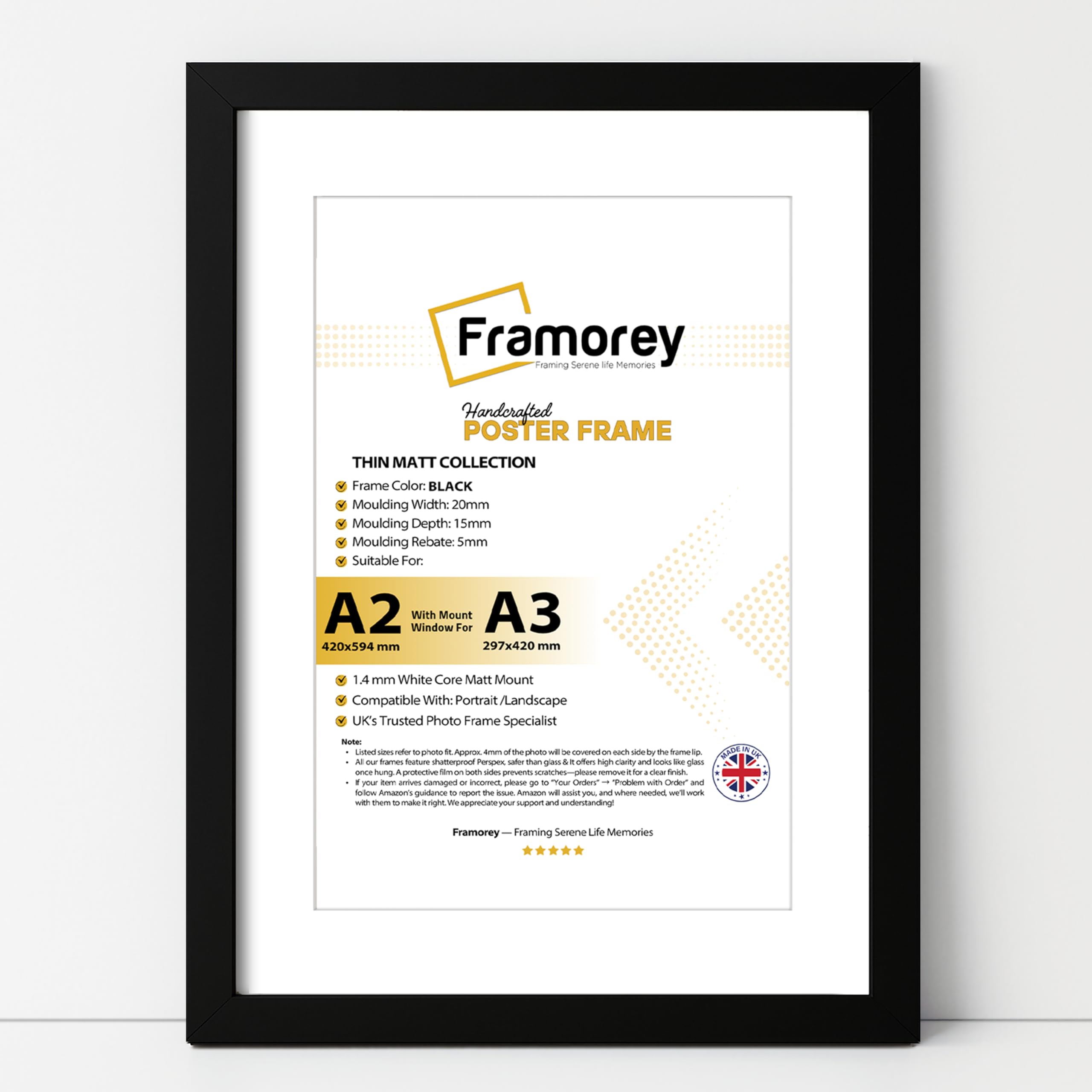 FRAMOREY A2 Black Picture Frame, Engineered Wood and Plexiglass, A2 Photo Frame with A3 Mount for A3 Print, poster, Wall Mount Only, 42x59.4cm Poster Frame with Wooden Effect