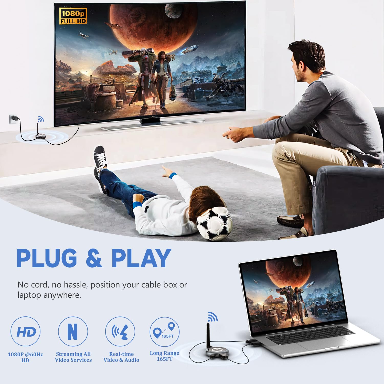 AIMIBO Wireless HDMI Transmitter and 3 Receivers, 165FT(50M) Plug & Play HDMI Wireless Multiple TVs Extender with App Mirror, 5.8G @60Hz for Streaming from Laptop, Camera, TV Box, Neflix to Displays