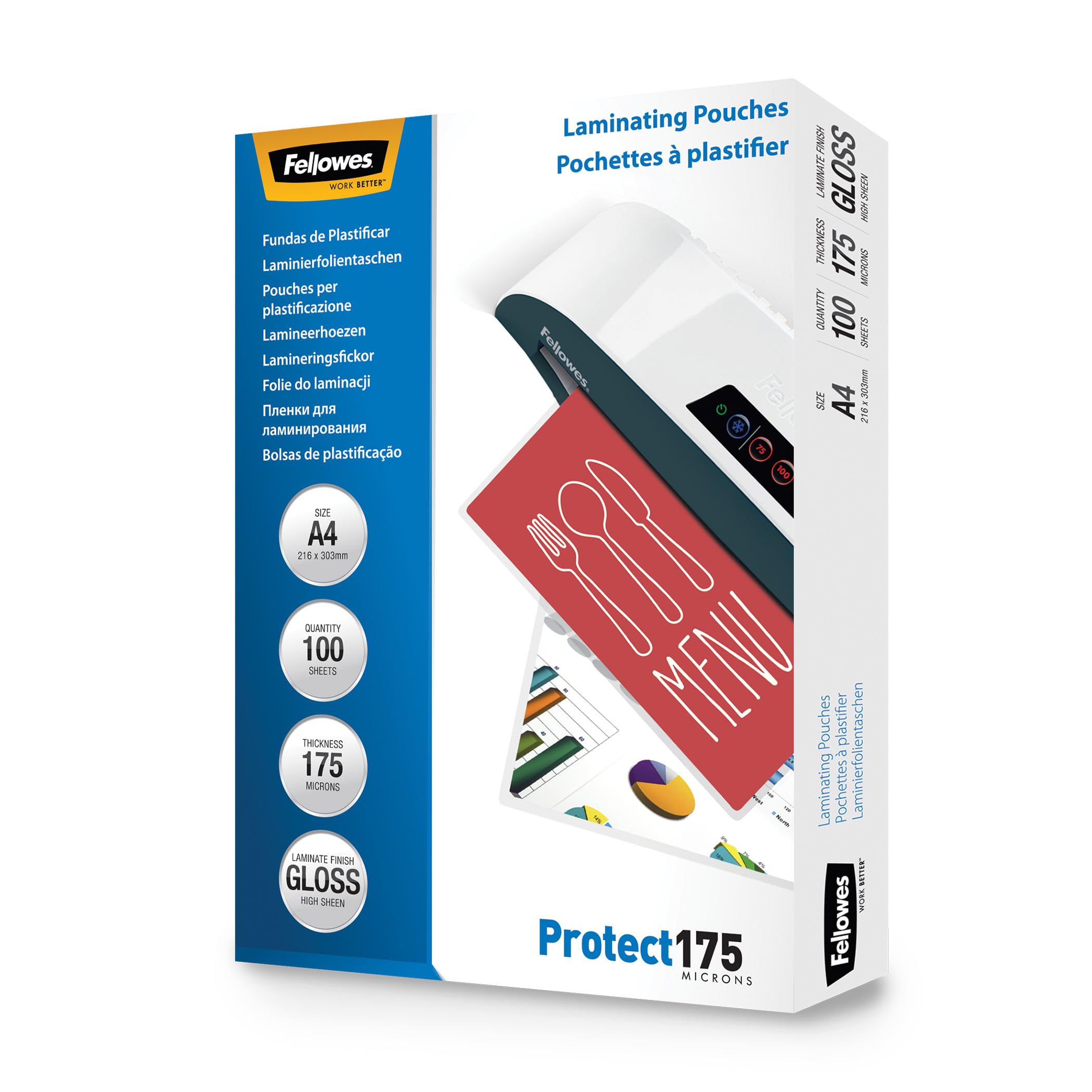 Fellowes A4 Laminating Pouches - Gloss Finish - 100 Sheets, 350 Micron (2 x175) Clear & Durable Laminating Pouch - Ideal for Photos, Notices, Creatives, Certificates & Menus