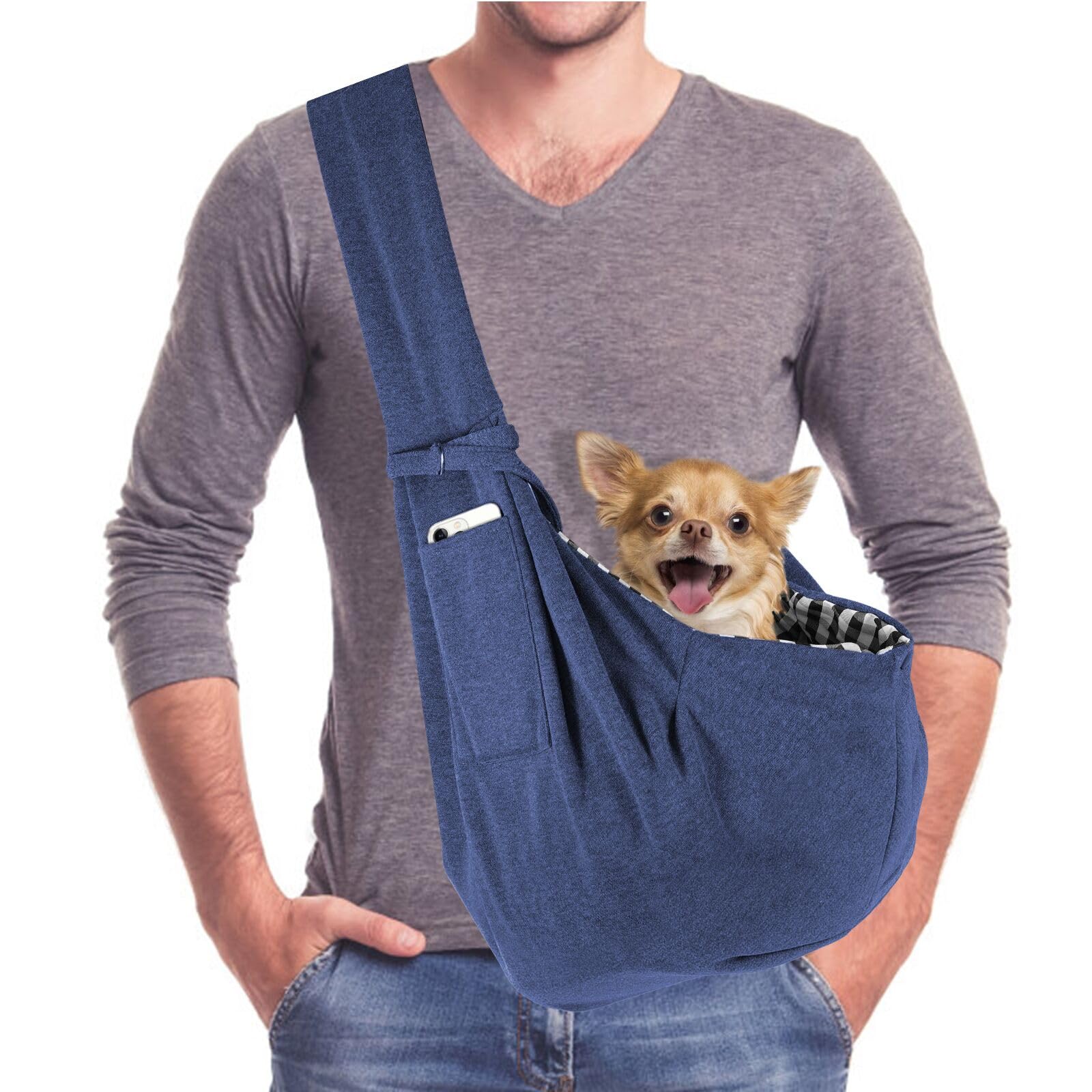 AOTWAN Puppy Dog Sling Puppy Carrier for Small Dogs Reversible Dog Carrier with 2 Pocket Puppy Carrier Sling for Walking Subway Travel(Dark Blue)