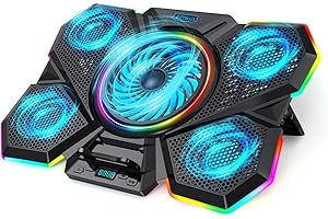 AIMIUZI Laptop Cooling Pad, Gaming Laptop Cooler with 5 Quiet Fans and 12 RGB Lights Mode (One-Click Close), Laptop Fan Cooling Pad Fits 12-17 Inch Laptop,LCD Screen, 2 USB Ports, 7 Adjustable Height