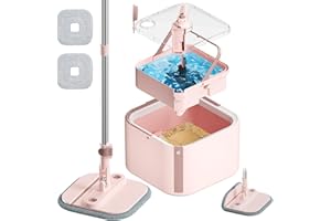 INWEJIA Upgraded Spin Mop and Bucket Set Self-Standing Mop Bucket Separate Dirty and Clean Water System Self Wringing 360° Rotating 90° Foldabl Mops and Buckets for Floor Cleaning (Pink, 2Pads)