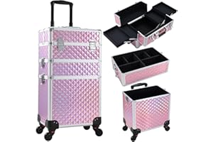 Faquenc 3 in 1 Rolling Makeup Case, Makeup Case with Wheels Cosmetology Case Makeup Trolley Nail Tech Cart Organizer for Traveling Makeup Artist Nail Art Hair stylist Salon Barber with Lock, Pink