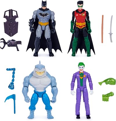 DC Comics Batman and Robin vs Joker and King Shark 4-Inch Action Figures 4-Pack