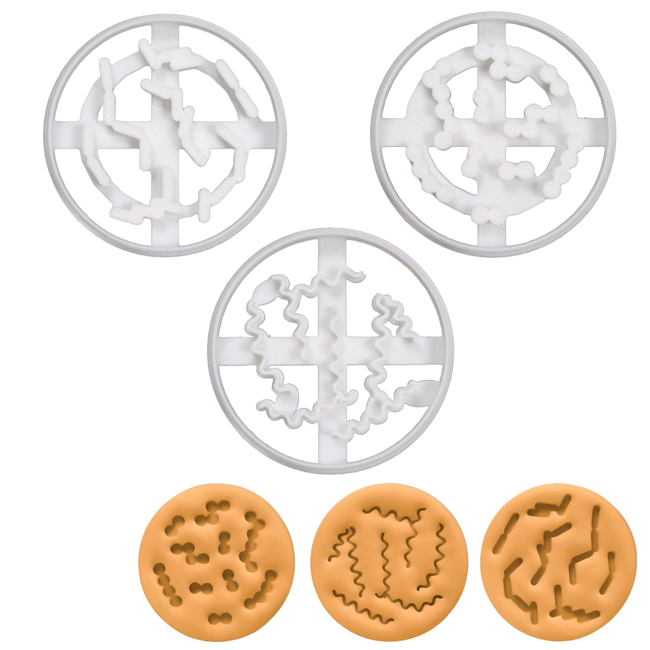 BAKERLOGY Set of 3 Cookie Cutters (Designs: Bacillus Bacteria, Coccus Bacteria, & Spiral Bacteria) - Detailed Biscuit Cutter Design for Baking and Crafts, Ideal on Fondant, Dough, Clay