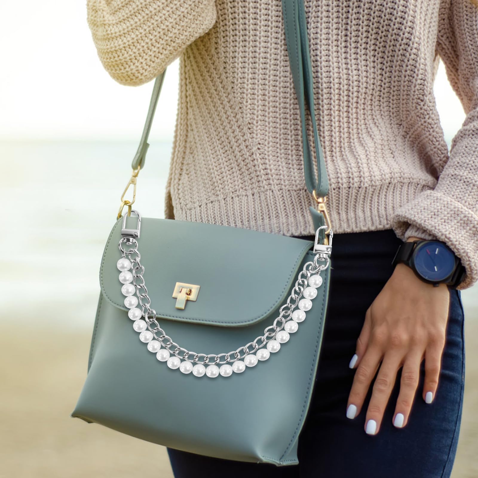 GAQWOK 2 Pcs Pearl Purse Chain Handbag Straps, Metal Shoulder Crossbody Bags Short Handle Replacement Bag Charm Chain, Purse Charms for Handbags(Gold and Silver)