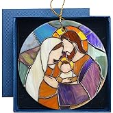 Christmas Nativity Ornament, Stained Glass Inspired Ornament, Nativity Scene Christmas Ornaments Gift, Mary Joseph and Baby Jesus Flat Ceramic Ornament