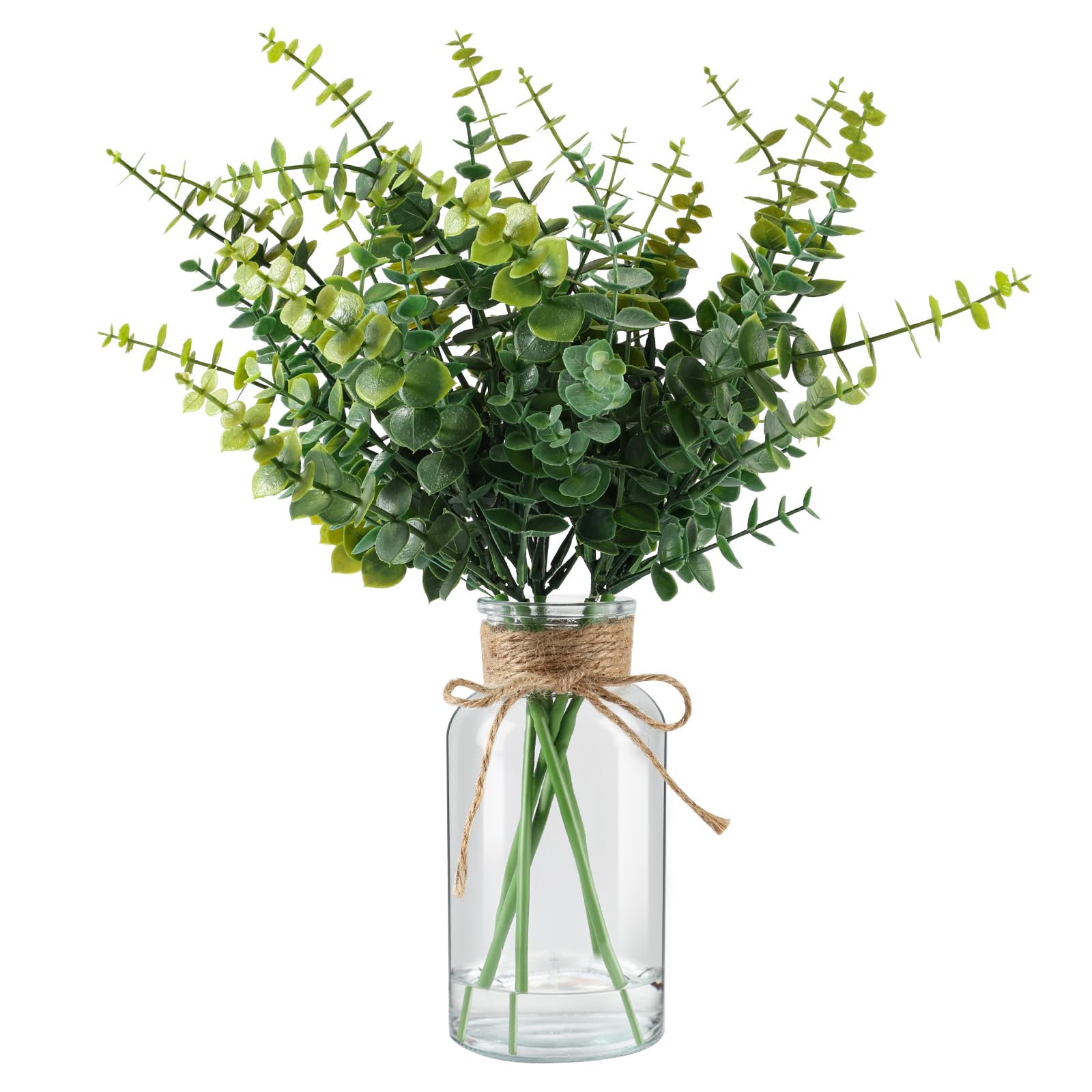 Photo 1 of Fake Plants Eucalyptus Stems in Glass Vase with Faux Water, Artificial Plants Eucalyptus Leaves for Shelf Desk Bathroom Farmhouse Coffee Table Home Decor
