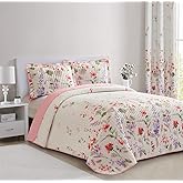 All American Collection 2 PC Floral Printed Coral and Beige Reversible Bedspread Quilt Set Coverlet and Pillow Sham Set Twin Size