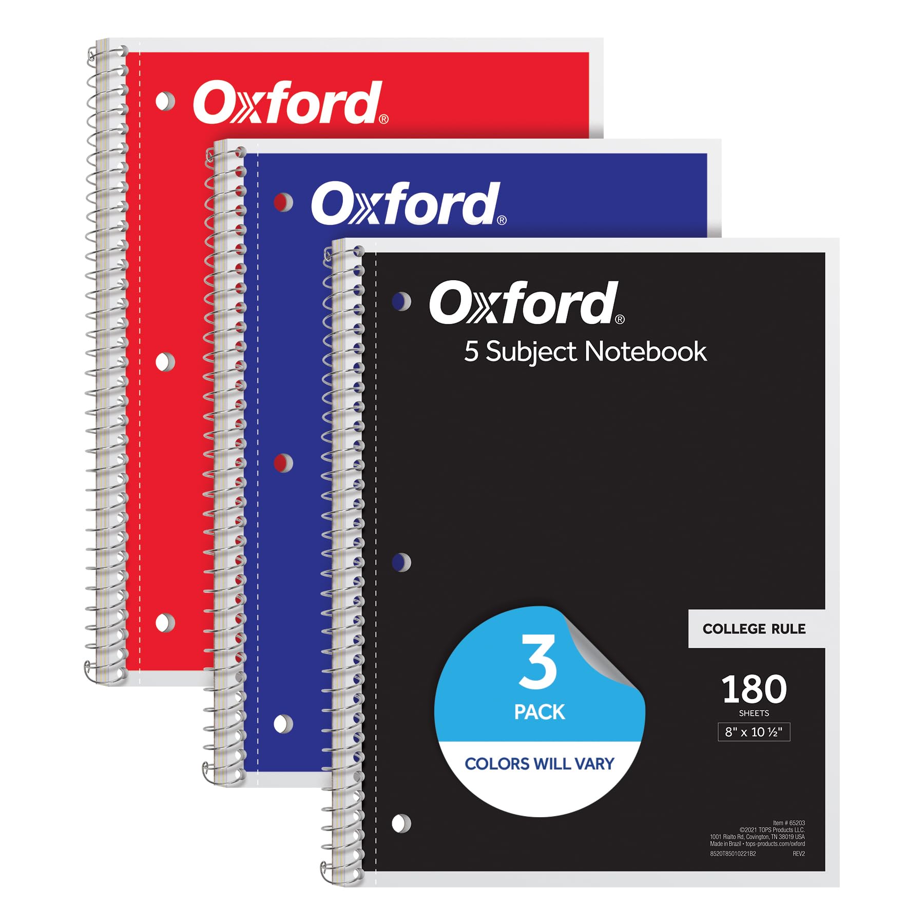 Photo 1 of Oxford Spiral Notebooks, 3 Pack, 5 Subject, College Ruled Notebooks for School, 8 x 10.5 Inches, 180 Sheets, 4 Dividers, Assorted Colors, Back to School Supplies (65203)