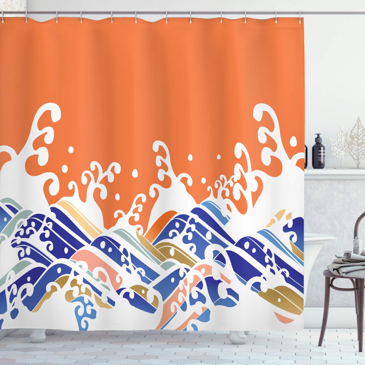 ABAKUHAUS Japanese Wave Shower Curtain, Vibrant Colorful Waves Illustration Intense Spindrift Nature Summer Surf Asia, Cloth Fabric Bathroom Decor Set with Hooks, 78 Inches, Multicolor