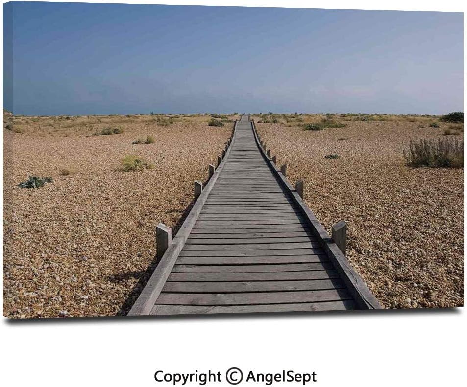 Modern Salon Theme Mural Raised Wood Boardwalk Across a Pebble Coastline Stone Endless Road Nature Theme Painting Canvas Wall Art for Home Decor 24x36inches, Blue Brown Cream