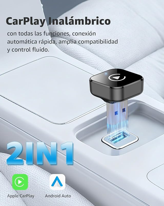 Adaptador CarPlay Inalámbrico y Android Auto, Mini Convertidor USB-A/USB-C Plug & Play, de Cable a Inalámbrico, WiFi 2.4GHz/5GHz, Conexión Automática, para Coches con CarPlay, Negro