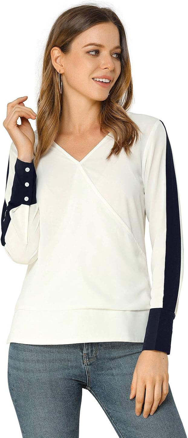 Allegra K Women's Chiffon Work Office V Neck Contrast Piping Loose Faux Wrap Top Blouse