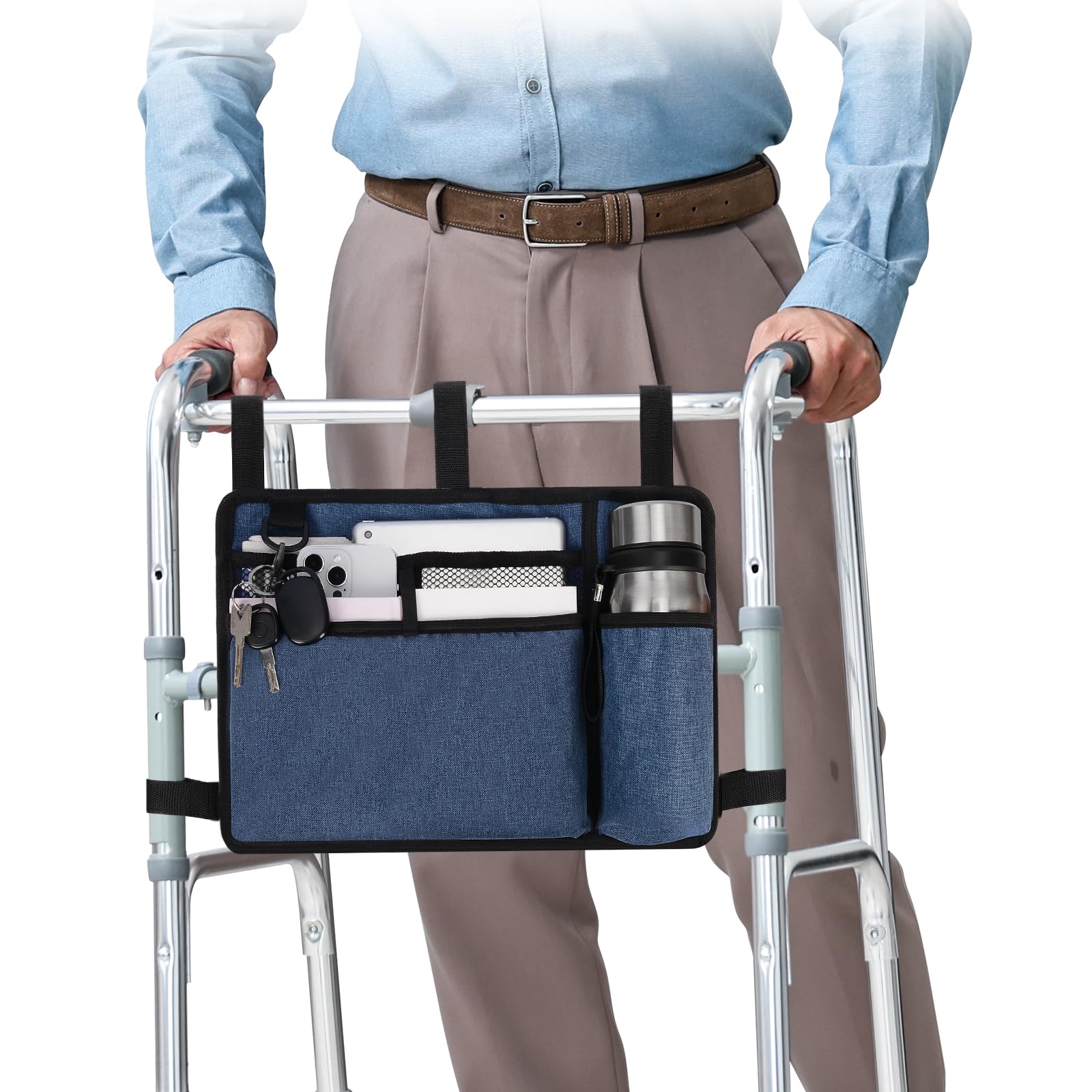 supregear Accessories Bag for Walker, Wheelchair, Rollator for Seniors, w/Cup Holder-Folding Walker Basket Large Capacity Waterproof Walker Caddy Pouch, Blue
